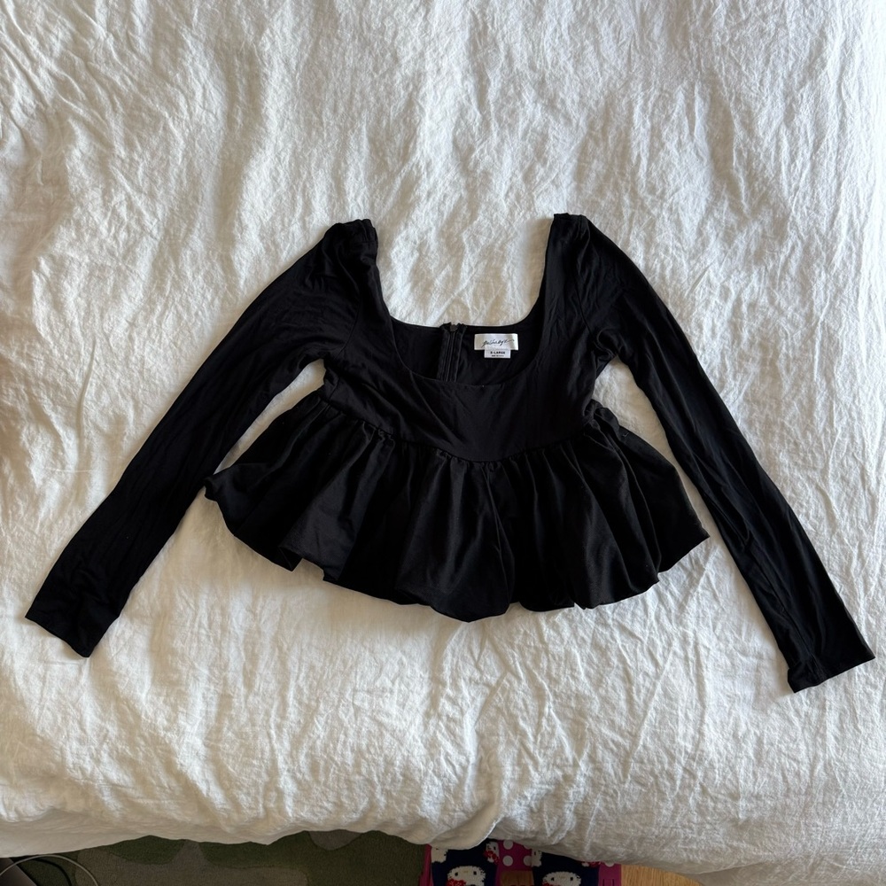 The Line by K Black Long Sleeve Peplum Blouse with Scoop Neck
